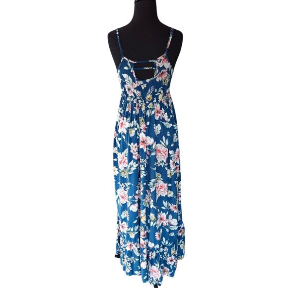 Band Of Gypsies Blue Floral Tiered Maxi Dress XS Boho Spaghetti Straps Festival - Picture 3 of 8